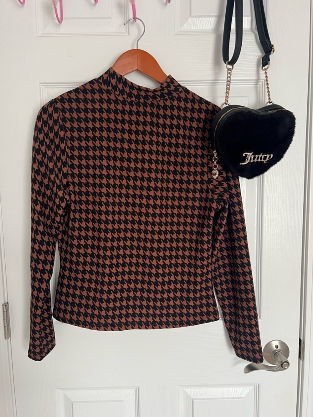 SHEIN Curve Black and Brown Houndstooth Mock Neck Top - 1XL